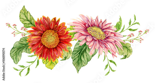 Photo Bouquet with watercolor gerbera flower. Hand drawn illustration