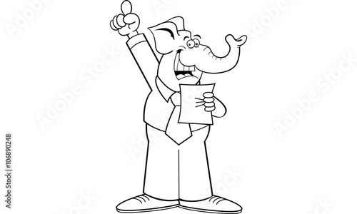 Black and white illustration of an elephant giving a speech.