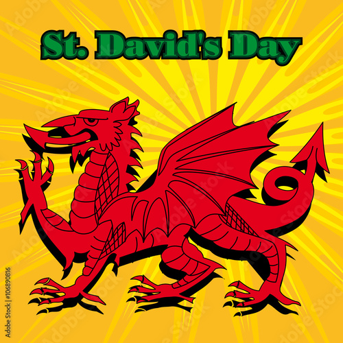 A Welsh dragon illustrated on a sunburst background with the text St Davids day