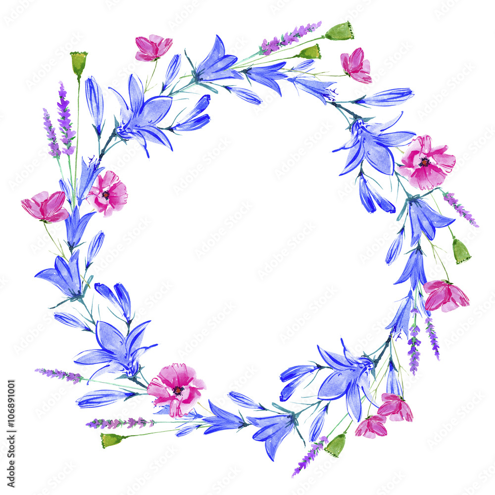 Bluebell flowers.Wreath with bluebell,herbs,lavender,poppy floral.Watercolor hand drawn illustration.
