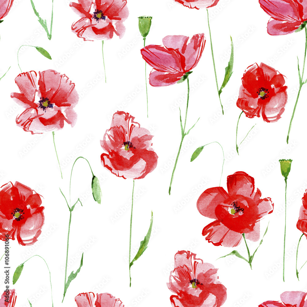 Poppy flowers.Floral seamless pattern.Watercolor hand drawn illustration.White background.Seamless pattern for fabric, paper and other printing and web projects.