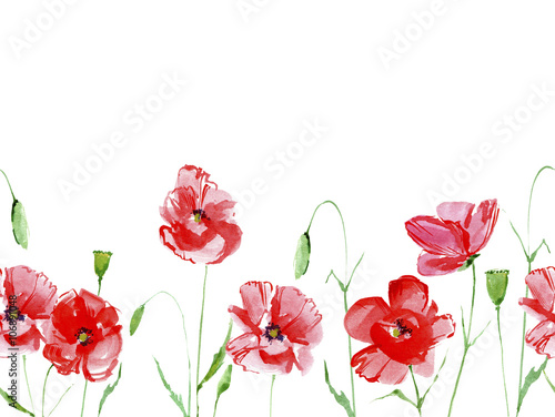 Seamless border from poppy flowers.Watercolor hand drawn illustration.White background.