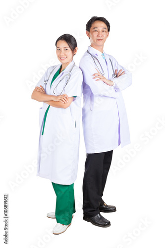 Doctor and Nurse take photo together on white background.