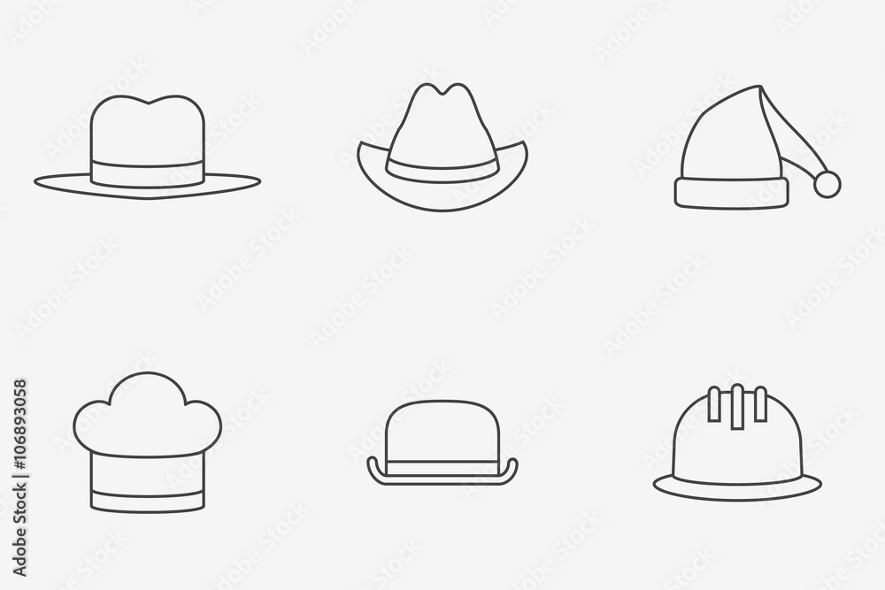 Set of hats monochrome line icons. Safety helmet, bowler, chef, gangster, cowboy and Santa Claus hats. Set of hats monochrome line icons. Safety helmet, bowler, chef, gangster, cowboy and Santa Claus hats.