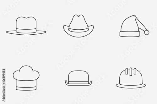 Set of hats monochrome line icons. Safety helmet, bowler, chef, gangster, cowboy and Santa Claus hats.