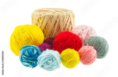 knitwear, yellow, red, blue, grey, pink, brown balls of yarn. ya