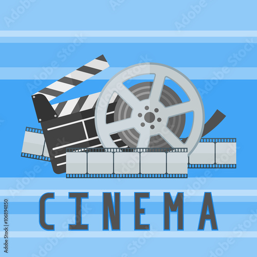 Cinema movie poster template with film reel, strip and clapper board on blue background. Flat style vector illustration.