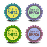 Set of four isolated stickers with the text rich in omega three written on each sticker