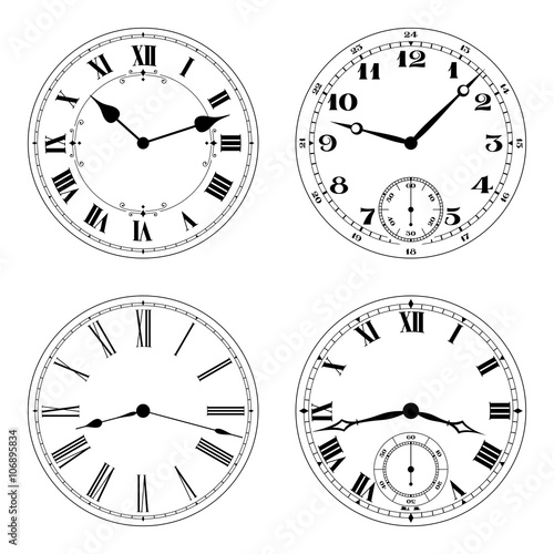 Editable vector clock faces in black an white. Round shape. Easily remove and replace hands and design.