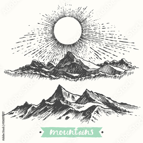 Sketch sunrise mountains engraving drawn vector