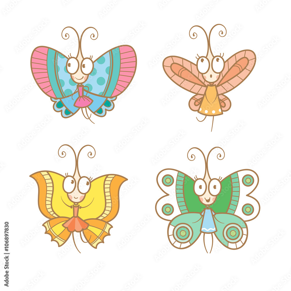 Cartoon butterfly set. Cute butterflys collection. Children's illustration. Vector image.
