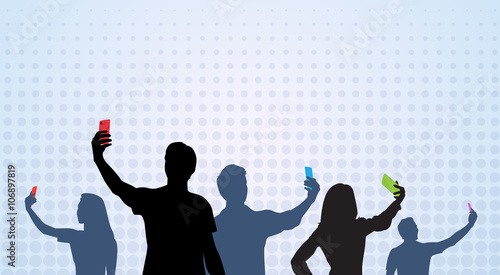 People Group Silhouette Taking Selfie Photo On Cell Smart Phone 