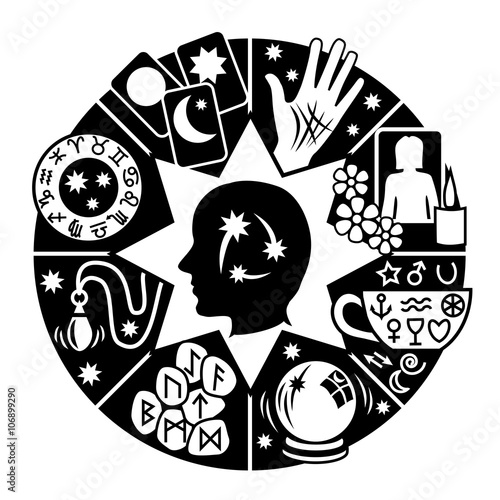 Psychic Circle - 8 types of fortune telling in black