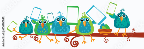 Group Of Birds Sitting On Branch Hold Smart Cell Phone Tablet Computer