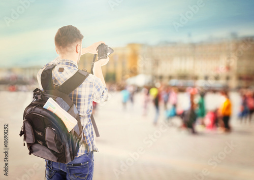 Traveler with camera outside