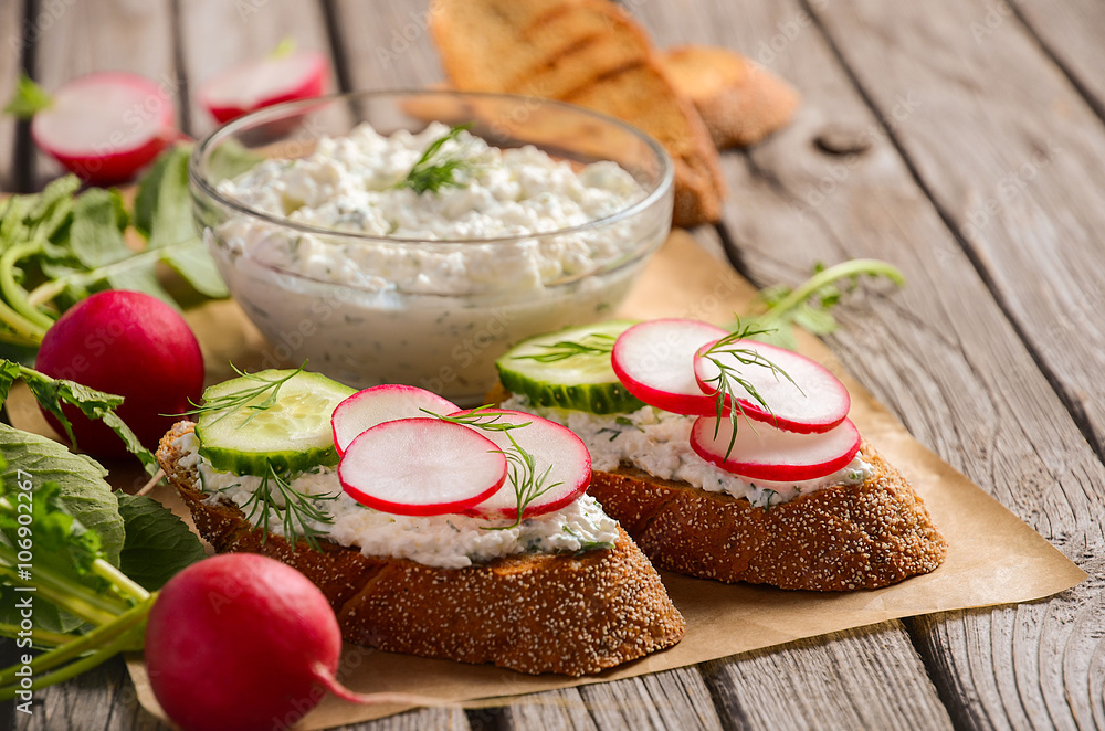Cottage cheese cream with dill and garlic with toasts, radish and cucumber.