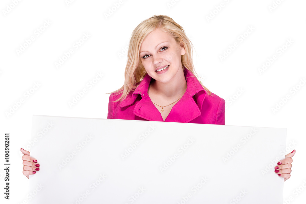 Happy smiling young business woman showing blank signboard Happy smiling young business woman showing blank signboard