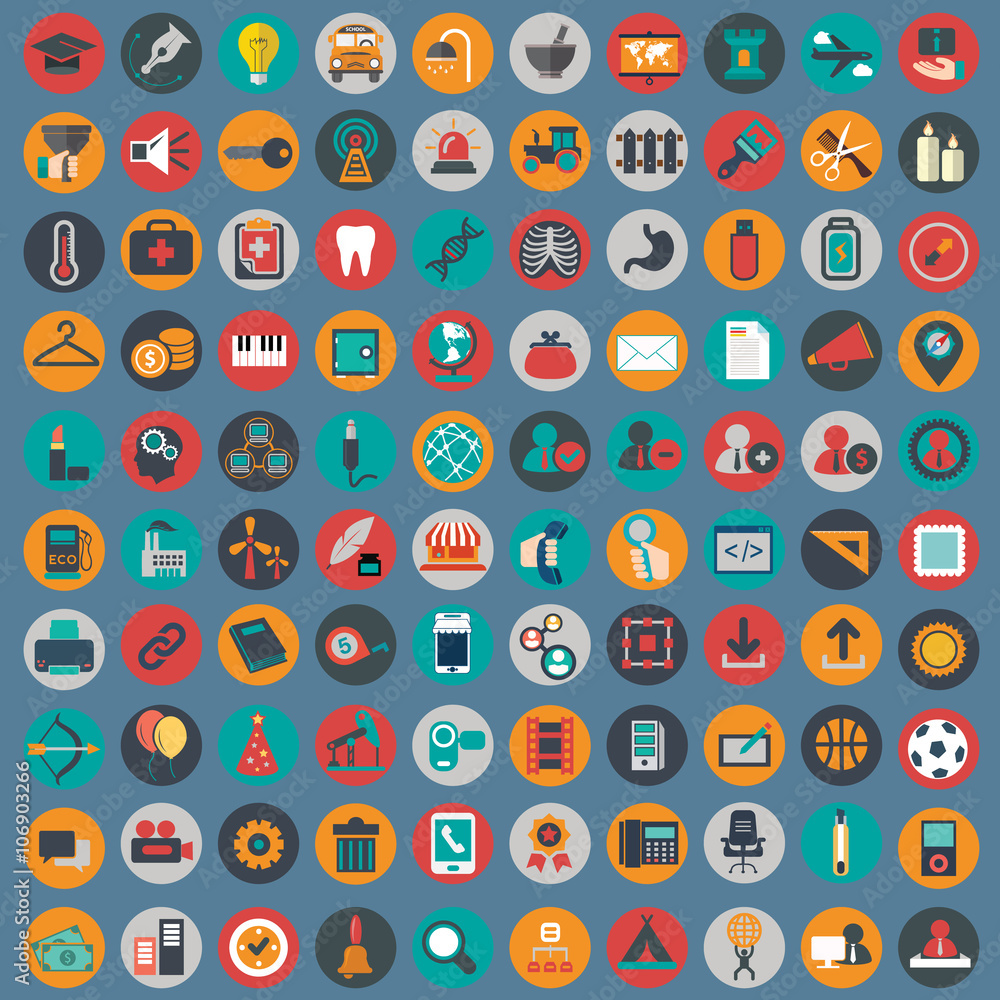 Flat icons design modern vector illustration big set of various financial service items, web and technology development, business management symbol, marketing items and office equipment on background Flat icons design modern vector illustration big set of various financial service items, web and technology development, business management symbol, marketing items and office equipment on background