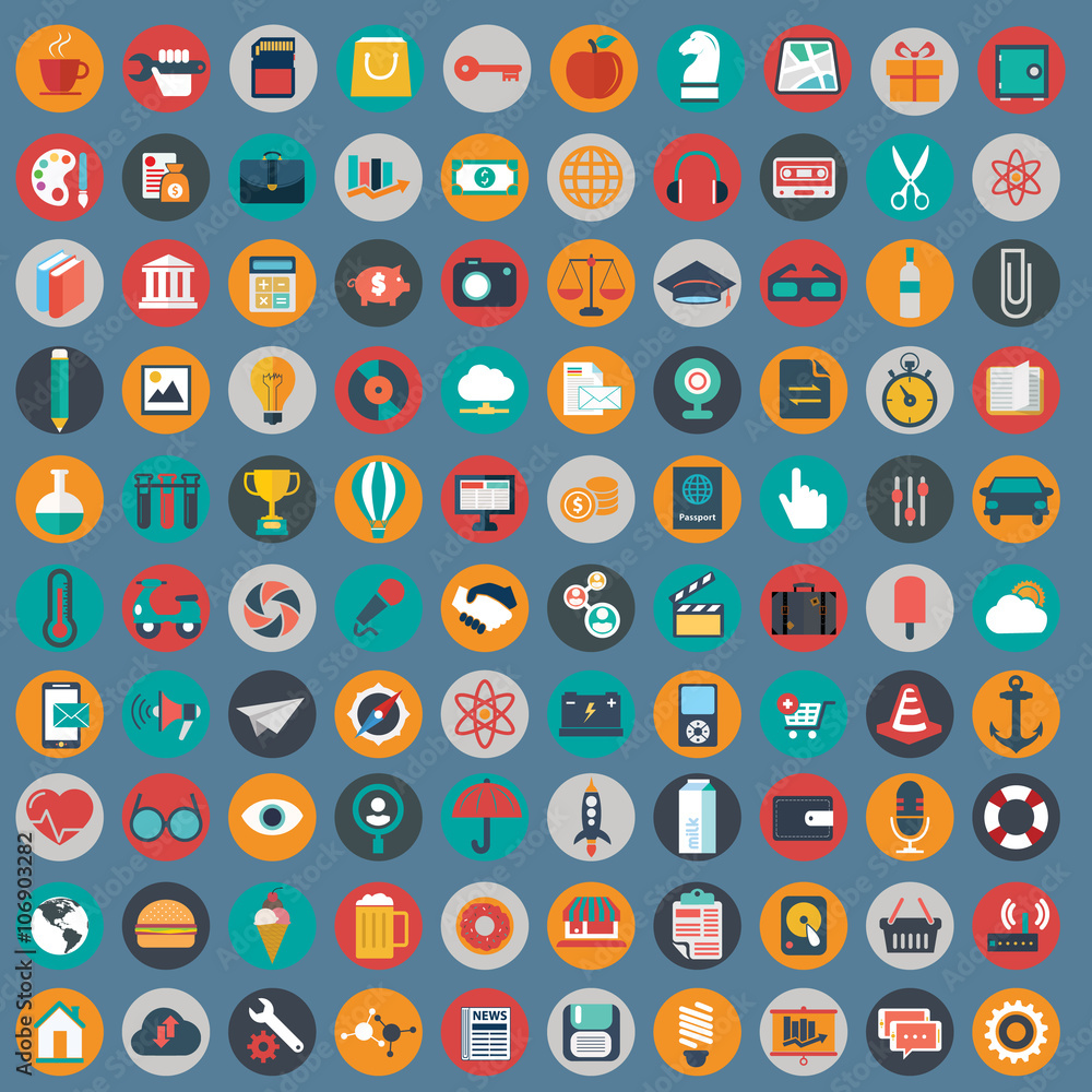 Flat icons design modern vector illustration big set of various financial service items, web and technology development, business management symbol, marketing items and office equipment on background Flat icons design modern vector illustration big set of various financial service items, web and technology development, business management symbol, marketing items and office equipment on background