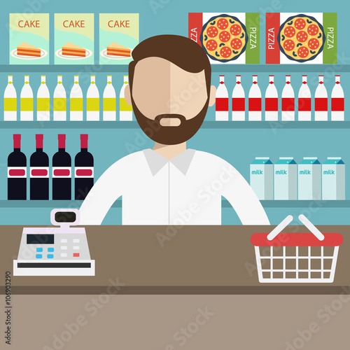 Fototapeta Naklejka Na Ścianę i Meble -  A Young cashier man standing in supermarket. Contemporary style with pastel palette, blue tinted background. Vector flat design illustrations. Square layout.