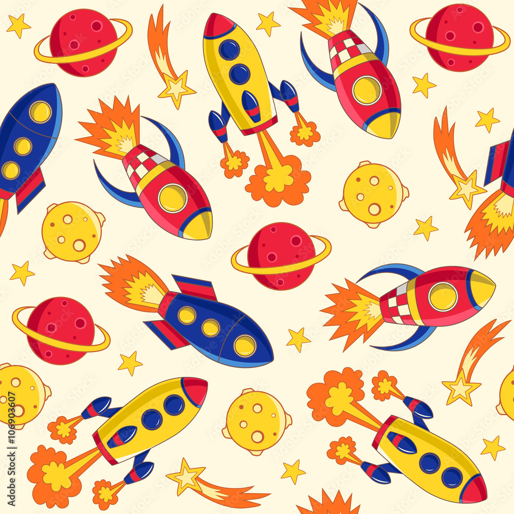 Rockets seamless pattern. Background with rockets, planets and stars. Vector illustration Rockets seamless pattern. Background with rockets, planets and stars. Vector illustration