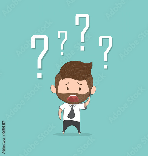 Confusing cute business man with question marks above his head,