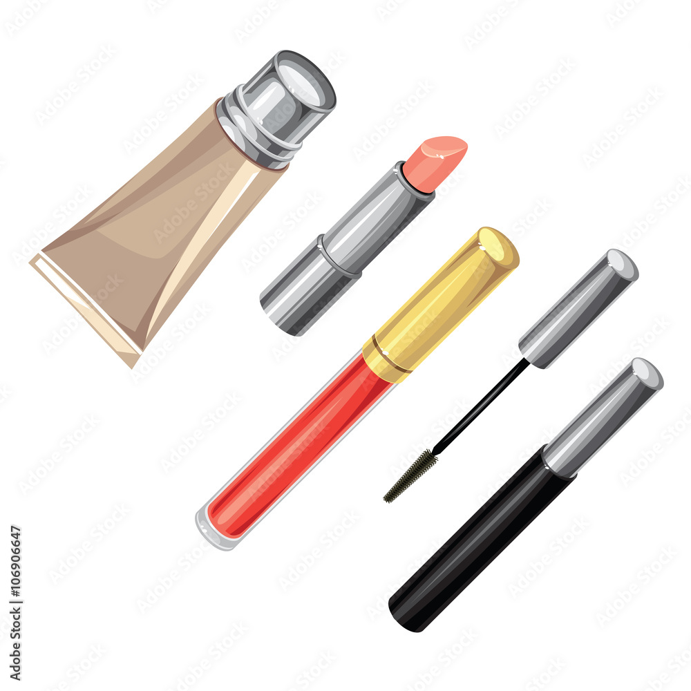 Vector illustration of lipstick, mascara, foundation and lip gloss isolated on white background Vector illustration of lipstick, mascara, foundation and lip gloss isolated on white background