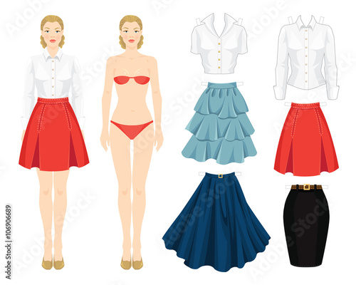 Paper doll with clothes. Body template. Set of template paper clothes. Clothes for office, clothes for holiday. Different model of skirt. Base wardrobe. Girl in red skirt with folds and white blouse