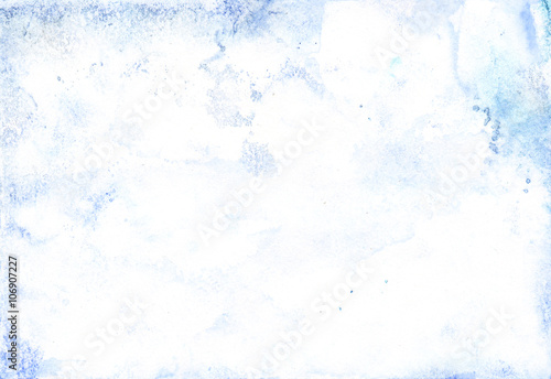 Watercolor textured background with light blue splashes for artistic banner. Paint border. Abstract water in trendy minimal style with tender blue ombre painting. Watercolour vintage texture.