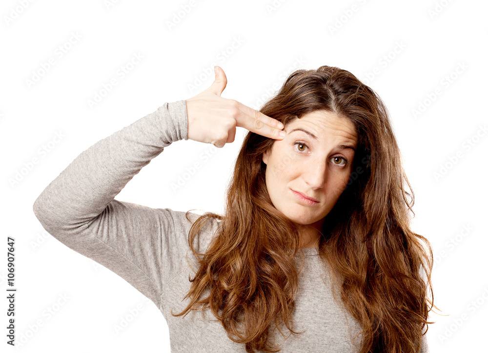 Young curvy woman gun gesture over white Young curvy woman gun gesture over white