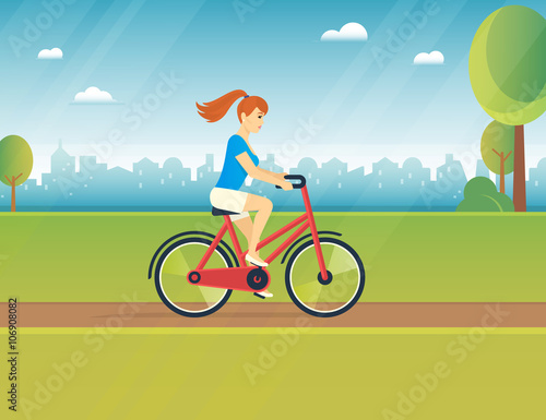Young woman rides white bicycle in the park in spring season. Flat color illustration of teenage healthy leisure and freedom