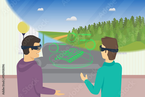 Happy guys is playing video game using head-mounted device for augmented and virtual reality. Conceptual illustration of people look at tank hologram and nature landscape through headset 