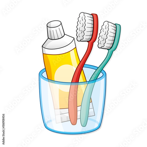 Two toothbrushes and toothpaste in a cup.
