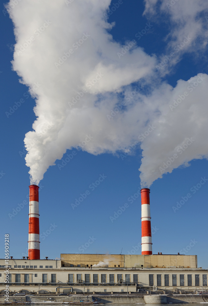 Thermal power station at embankment of Moscow River. Russia. Winter, frost