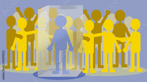 Autism: man isolated in a glass box among happy people