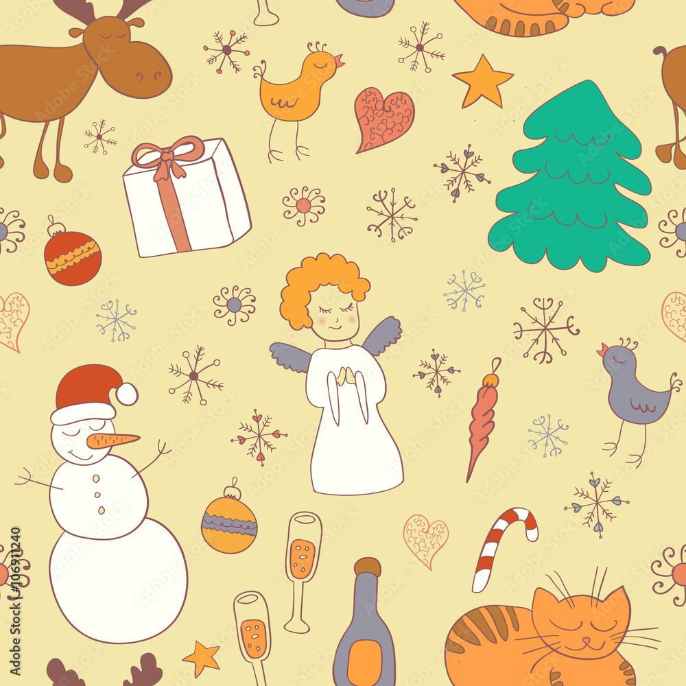 Fototapeta premium Seamless Christmas pattern with snowman snowflakes