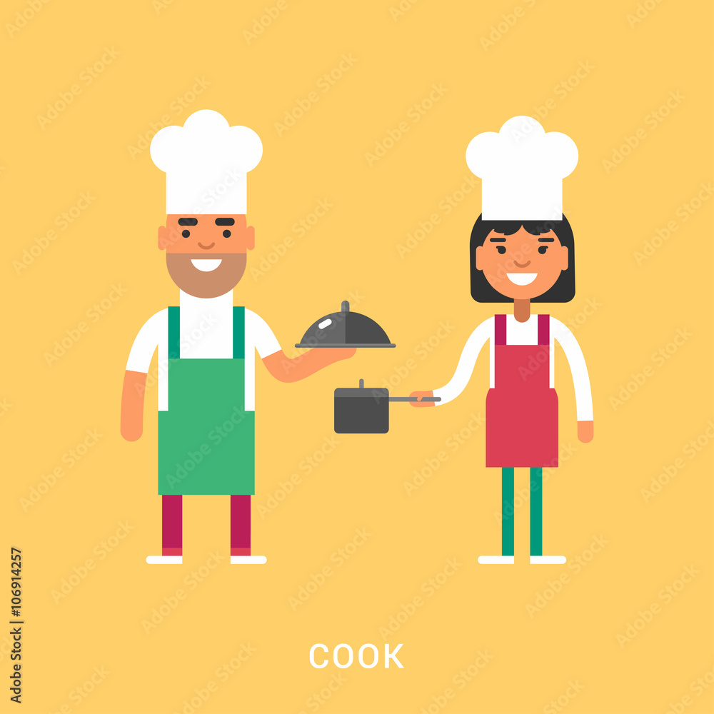 Male and Female Cartoon Character Chief in Uniform. Cook Concept. People Profession Concept. Vector Illustration in Flat Design Male and Female Cartoon Character Chief in Uniform. Cook Concept. People Profession Concept. Vector Illustration in Flat Design