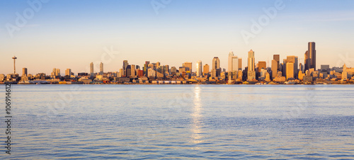 Seattle skyline panorama and Elliott Bay at sunset, Seattle, Washington, USA