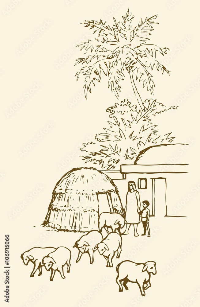 Naklejka premium Prehistoric settlement. Vector drawing