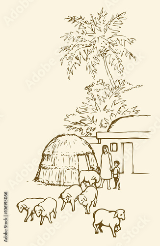 Prehistoric settlement. Vector drawing