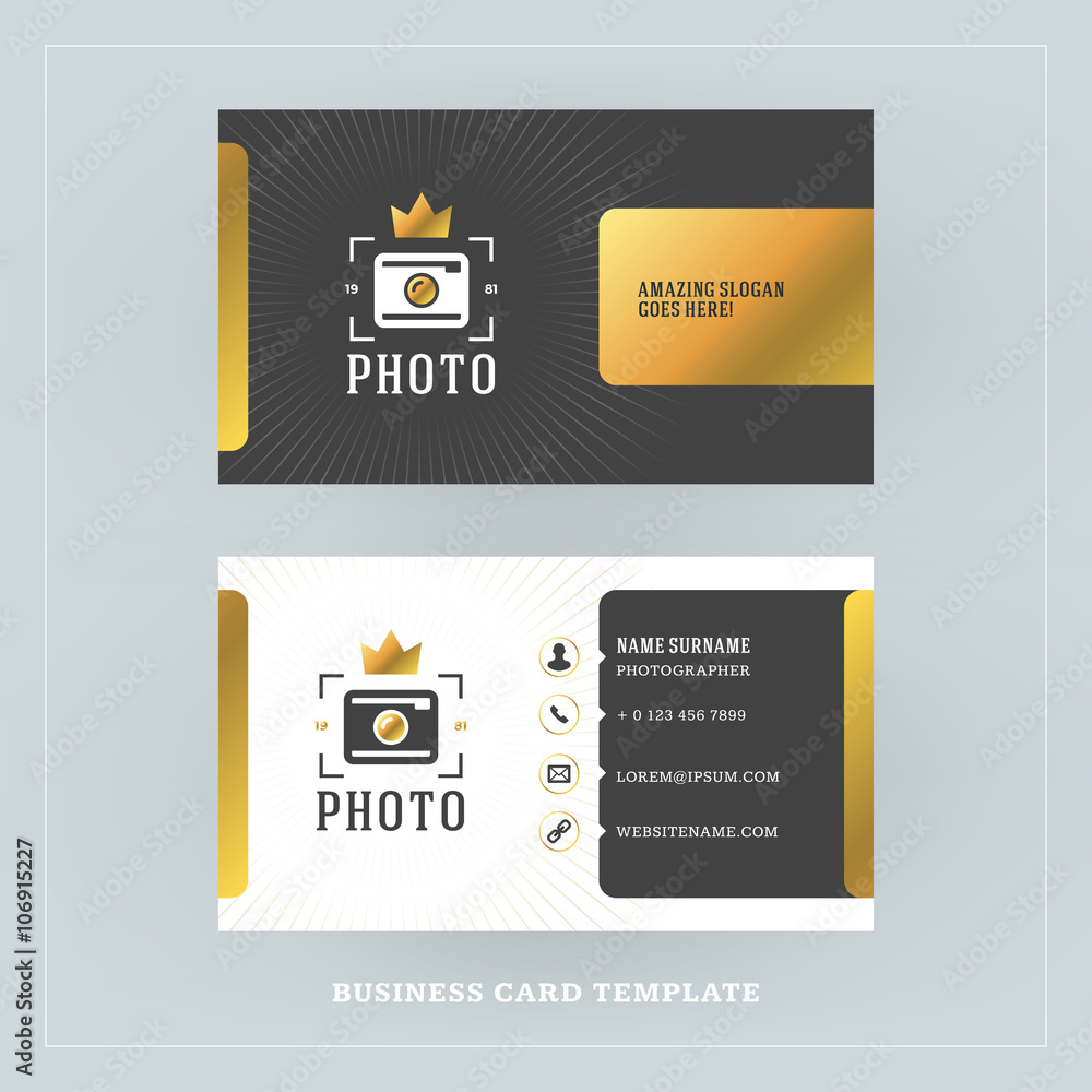 Obraz premium Golden and Black Business Card Design Template. Business Card for Photographer or Graphic Designer. Photo Studio Logotype Template. Vector Illustration. Stationery Design