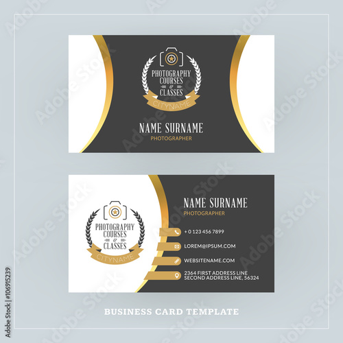 Golden and Black Business Card Design Template. Business Card for Photographer or Graphic Designer. Photo Studio Logotype Template. Vector Illustration. Stationery Design