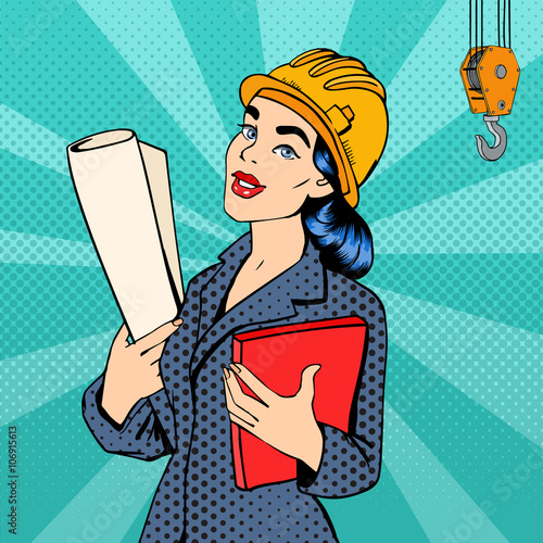Business Woman. Woman Engineer. Woman in Helmet with Documents. Pop Art Banner