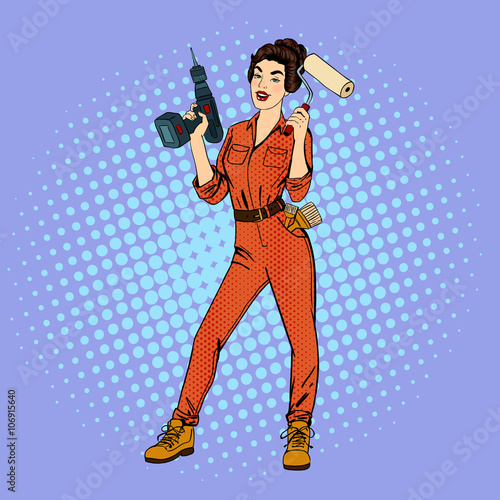 Woman in Uniform. Girl with Roller Brush. Woman Doing Repairs. Pop Art Banner