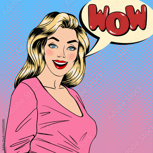 Surprised Woman. Happy Girl. Pin Up Girl. Pretty Blonde. Bubble Wow