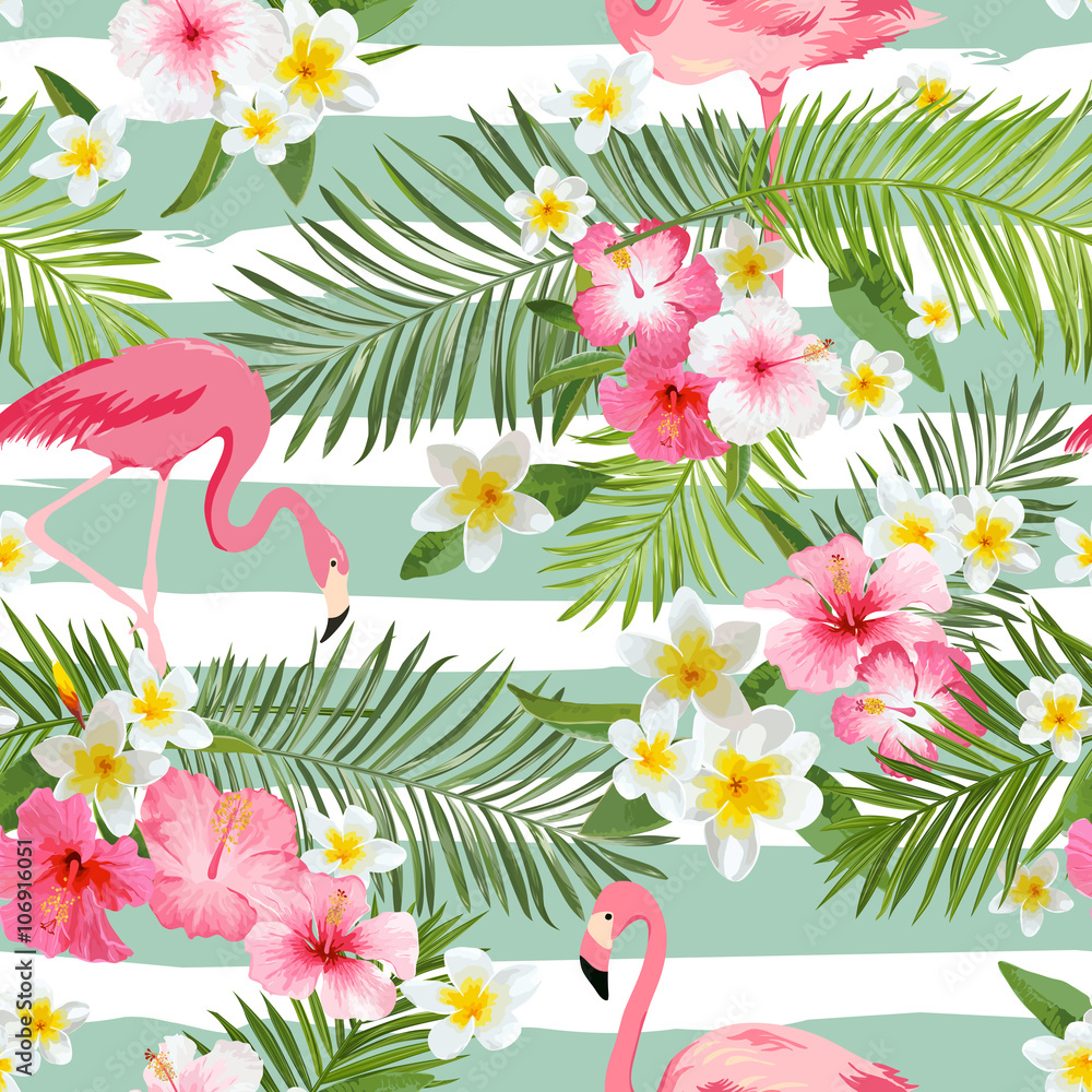 Naklejka premium Tło Flamingo. Tropikalne Kwiaty Tła. Vintage wzór