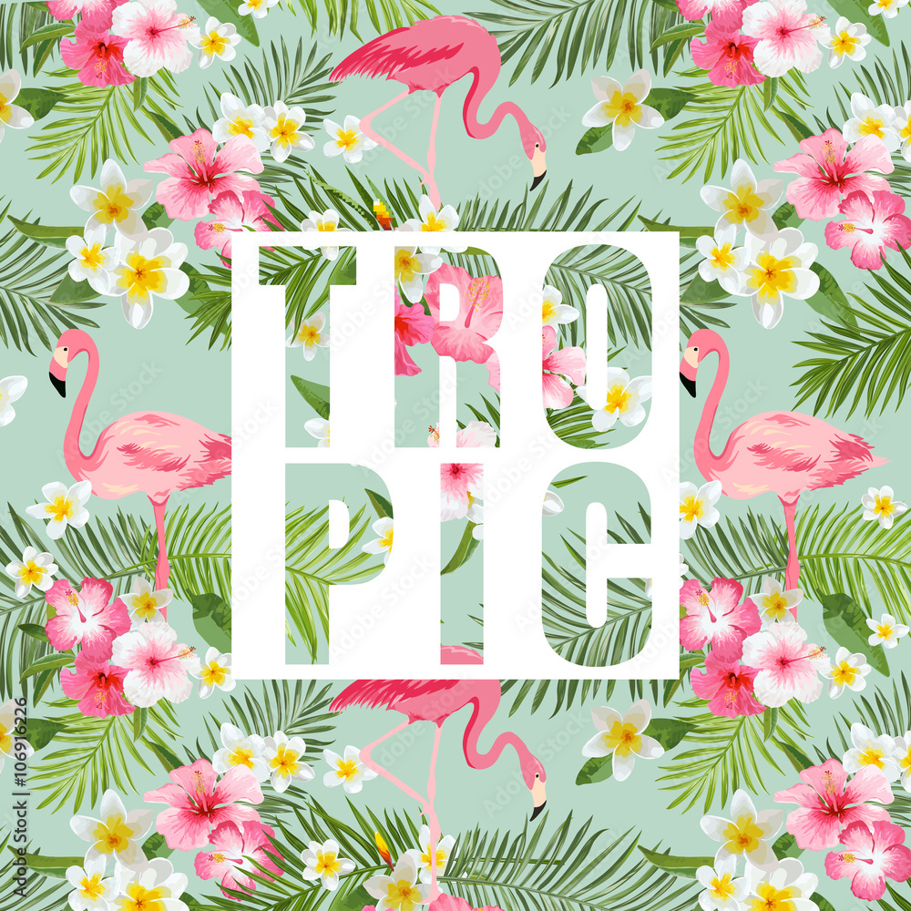 Obraz premium Tropical Flowers and Leaves. Tropical Flamingo Background.