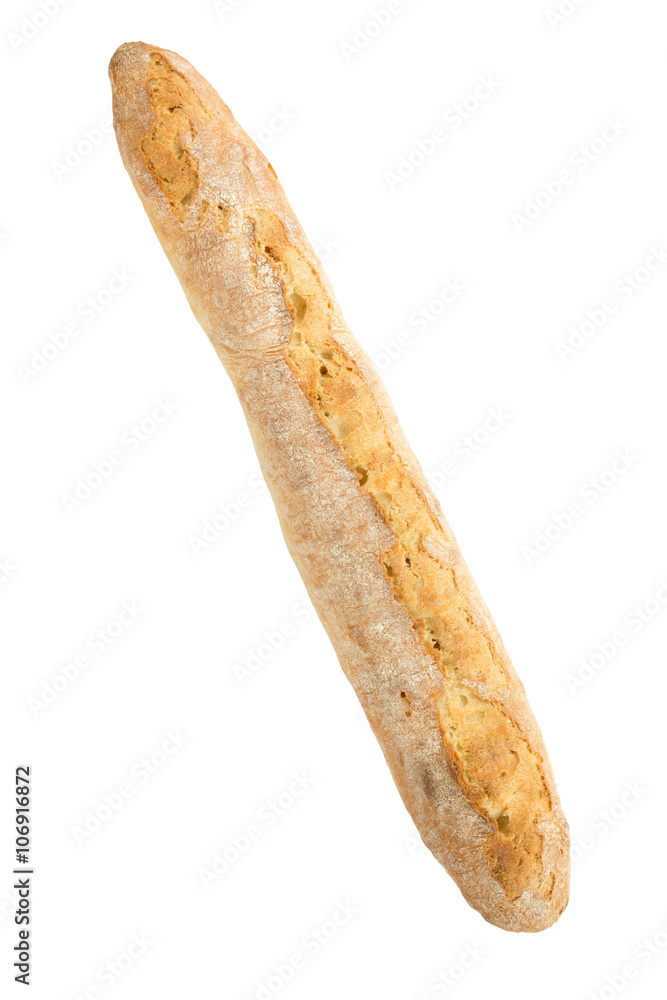 French baguette on a white background with space for text. product of flour. Bread long form. flat location a food on a white background. view from above. isolation on the white French baguette on a white background with space for text. product of flour. Bread long form. flat location a food on a white background. view from above. isolation on the white