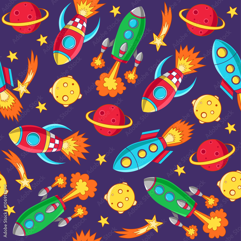 Rockets seamless pattern. Background with rockets, planets and stars. Vector illustration Rockets seamless pattern. Background with rockets, planets and stars. Vector illustration