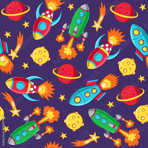 Rockets seamless pattern. Background with rockets, planets and stars. Vector illustration